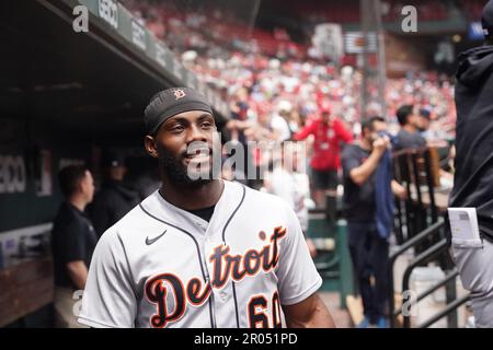 St. Louis, USA. 06th May, 2023. Detroit Tigers Akil Baddoo walks in his dugout before the start of the game against the St. Louis Cardinals at Busch Stadium in St. Louis on Saturday, May 6, 2023. Photo by Bill Greenblatt/UPI Credit: UPI/Alamy Live News Stock Photo