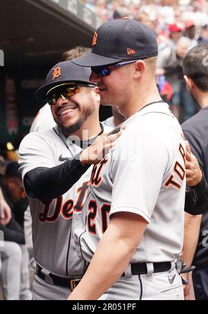 St. Louis, USA. 06th May, 2023. Detroit Tigers Alfredo Amezaga (L) hugs Spencer Torkelson before a game against the St. Louis Cardinals at Busch Stadium in St. Louis on Saturday, May 6, 2023. Photo by Bill Greenblatt/UPI Credit: UPI/Alamy Live News Stock Photo