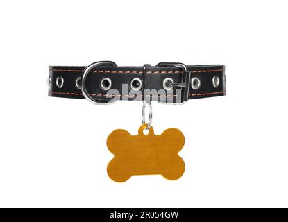 Black leather dog collar with bone shaped tag isolated on white Stock Photo