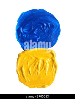 Yellow and blue paint circles drawn with brush on white background, top view Stock Photo