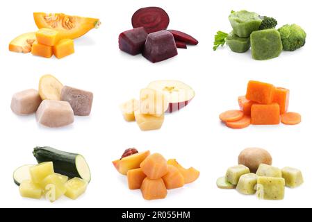 Set with frozen puree cubes and ingredients on white background Stock Photo