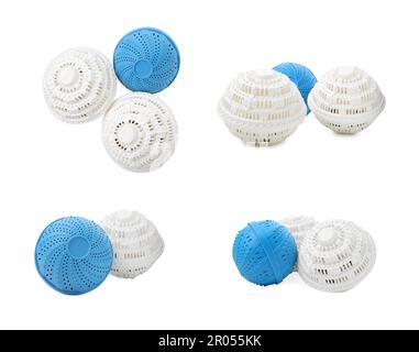 Set with dryer balls for washing machine on white background Stock Photo