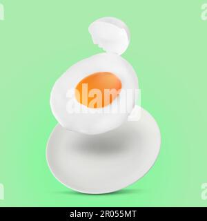 Tasty fried chicken egg with shell falling into plate on color background Stock Photo