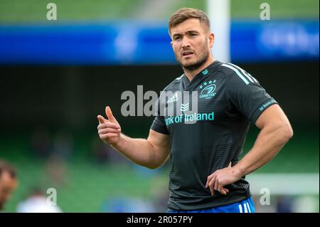 Dublin, Ireland. 06th May, 2023. Jordan Larmour of Leinster during the United Rugby Championship Quarter-final match between Leinster Rugby and Cell C Sharks at Aviva Stadium in Dublin, Ireland on May 6, 2023 (Photo by Andrew SURMA/ Credit: Sipa USA/Alamy Live News Stock Photo