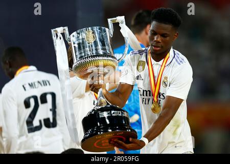 Aurelien Tchouameni of Real Madrid and Ante Budimir of CA Osasuna during  the Copa del Rey match between Real Madrid and CA Osasuna played at La  Cartuja Stadium on May 6, 2023