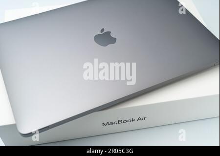 Fuji-shi, Shizuoka-ken, Japan - March 11, 2022: MacBook Air M1 in closeup isolated on white background. Stock Photo