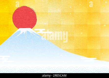 Japanese-style New Year's card for 2024, Mt. Fuji and the first sunrise of the year, gold leaf background - Translation: Happy New Year, thank you aga Stock Vector