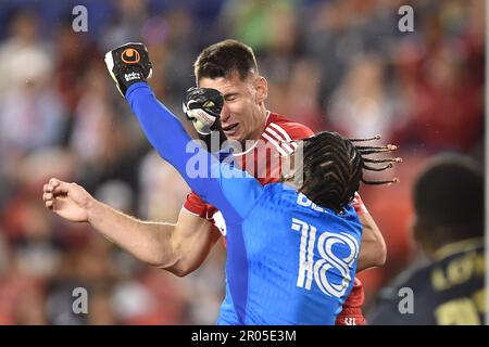 Harrison, New Jersey, USA. 6th May, 2023. Philadelphia Union goalkeeper  ANDRE BLAKE (18) and New York Red Bulls defender DYLAN NEALIS (12) in  action at Red Bull Arena in Harrison New Jersey