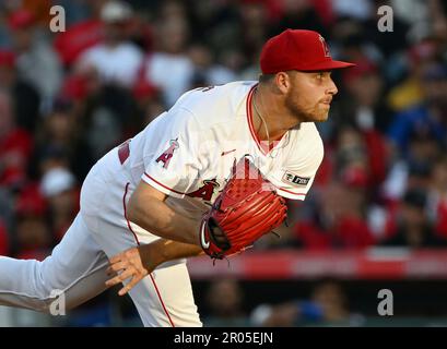 ANAHEIM, CA - MAY 06: Los Angeles Angels outfielder Brett Phillips (8)  pitching during the ninth inning of an MLB baseball game against the Texas  Rangers played on May 6, 2023 at