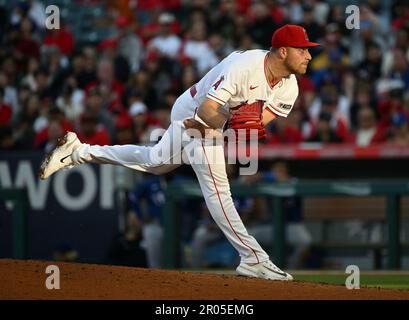 ANAHEIM, CA - MAY 06: Los Angeles Angels outfielder Brett Phillips (8)  pitching during the ninth inning of an MLB baseball game against the Texas  Rangers played on May 6, 2023 at
