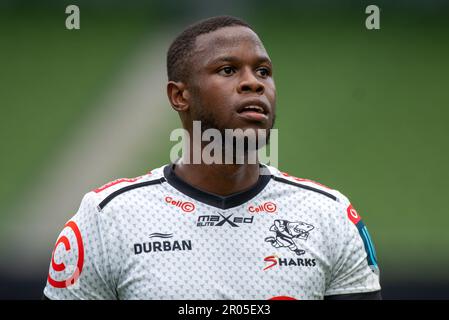 Dublin, Ireland. 06th May, 2023. Aphelele Fassi of Sharks during the United Rugby Championship Quarter-final match between Leinster Rugby and Cell C Sharks at Aviva Stadium in Dublin, Ireland on May 6, 2023 (Photo by Andrew SURMA/ Credit: Sipa USA/Alamy Live News Stock Photo