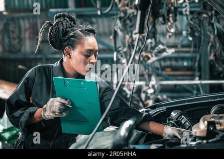 Experienced auto mechanics inspect car battery terminals and voltage to