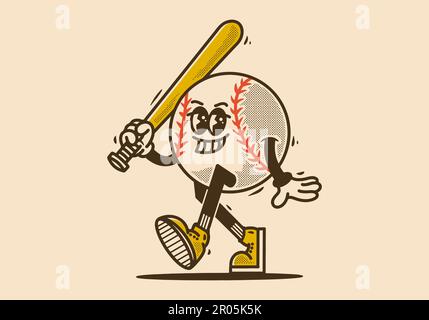 Mascot character design of baseball ball holding a stick in vintage style Stock Vector