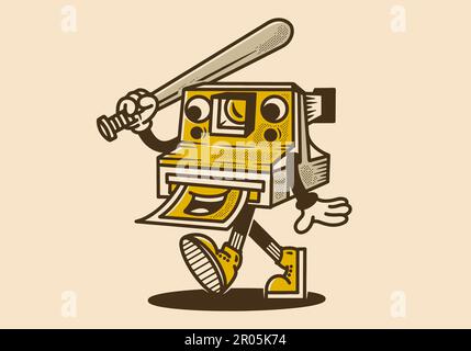 Mascot character design of polaroid camera holding a baseball stick in vintage style Stock Vector