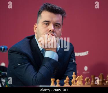 Bucharest, Romania. 6th May, 2023: Ian Nepomniachtchi, Russian chess  grandmaster, during the game against Romanian chess grandmaster Richard  Rapport (not in picture) in the first round of Superbet Chess Classic  Romania 2023, the first stage of the