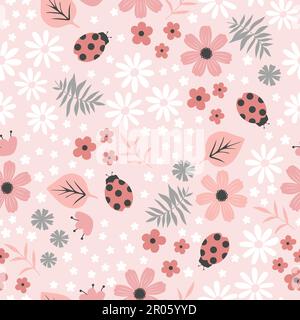 Seamless pink flourish pattern with field flowers, plants and ladybugs Stock Vector