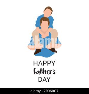Portrait of happy father giving son piggyback ride on his shoulders. Cute boy with dad in vector illustration. Stock Vector