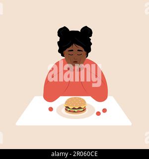 Eating disorder. Sad african woman looks at hamburger and worries about being overweight. Overeating, bulimia, anorexia. Food addiction concept Stock Vector