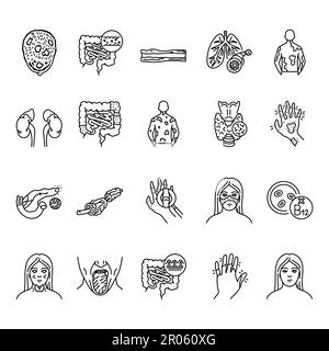 Autoimmune diseases black line icons set. Pictograms for web page, mobile app, promo. Stock Vector