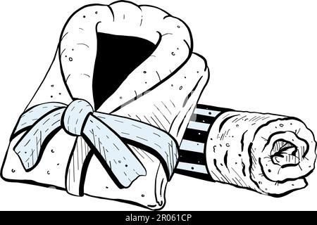 Vector illustration of set with twisted towel and folded bathrobe. Black outline of new fresh wrappers, graphic drawing. For postcards, design and Stock Vector