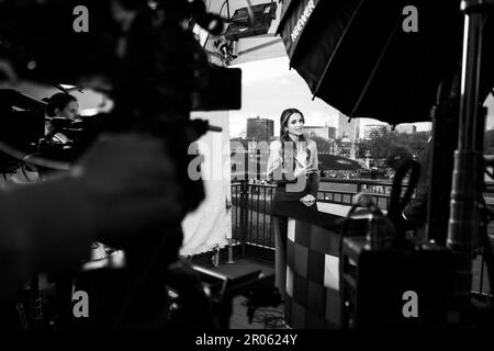 London, UK. 01st July, 2021. Queen Rania Al Abdullah of Jordan, seen during a television interview as she participates in King Charles III's Coronation ceremonies, in London, United Kingdom, on May 5th, 2023. Photo by Balkis Press/ABACAPRESS.COM Credit: Abaca Press/Alamy Live News Stock Photo