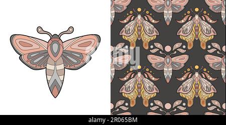 Vector set of card and seamless pattern with contour mothes on dark backdrop. Collection of clipart and texture with color outline butterflies. Stock Vector