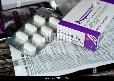 Cairo, Egypt, May 4 2023: Augmentin 1g tablets, amoxicillin and clavulanate potassium, clavulanic acid, Beta-lactamase inhibitors class, Amoxicillin i Stock Photo