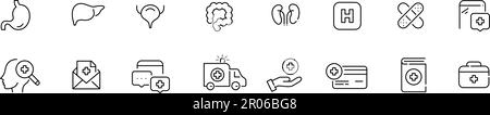 Medical treatment. Internal organs, check up, ambulance and hospital services. Pixel perfect, editable stroke line icons Stock Vector