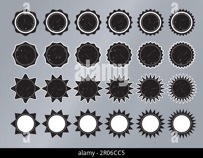 Set of star shapes, black color with grunge texture, white trim and borders. Stickers, icons, badges, logos. Stars with different number of rays, with Stock Vector