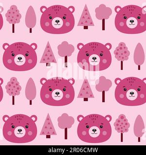 Seamless pattern with bears and trees in pink color. Stock Vector