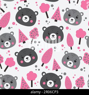 Seamless pattern with bears and trees in pink and gray color. Stock Vector
