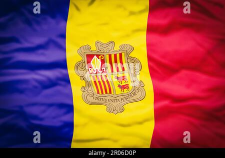 Andorra flag on a fabric wavy background. Wavy flag of Andorra fills the frame. Stock Photo