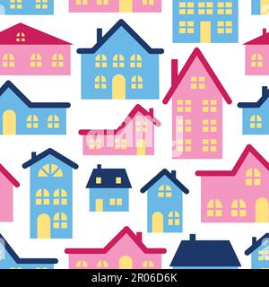 Pattern with pink and blue houses. Pattern for baby clothes or wrapping paper. Stock Vector