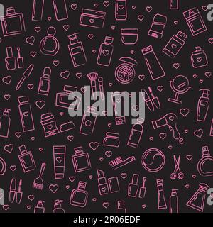 Seamless pattern with cosmetics, perfume, mirror, lipstick, mascara. Stock Vector