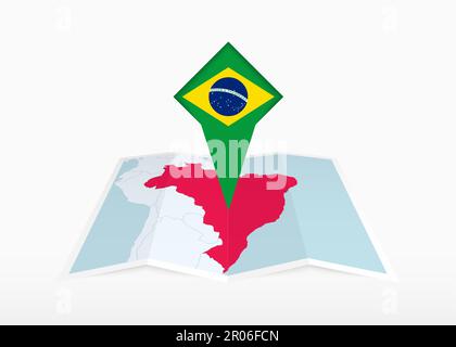 Brazil is depicted on a folded paper map and pinned location marker with flag of Brazil. Folded vector map. Stock Vector