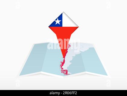 Chile is depicted on a folded paper map and pinned location marker with flag of Chile. Folded vector map. Stock Vector