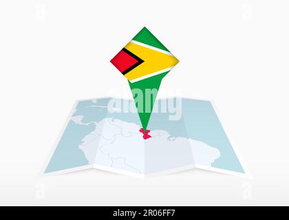 Guyana is depicted on a folded paper map and pinned location marker with flag of Guyana. Folded vector map. Stock Vector