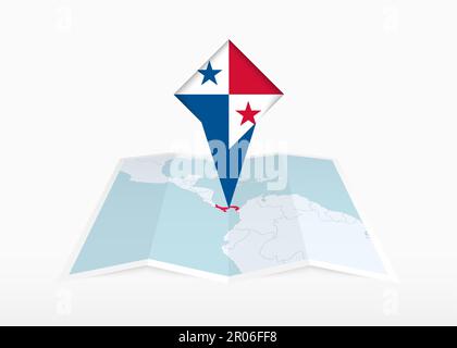 Panama is depicted on a folded paper map and pinned location marker with flag of Panama. Folded vector map. Stock Vector
