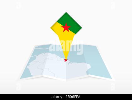 French Guiana is depicted on a folded paper map and pinned location marker with flag of French Guiana. Folded vector map. Stock Vector