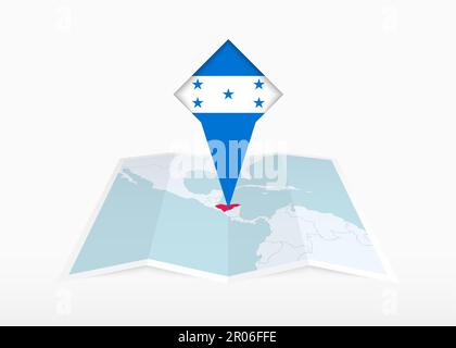 Honduras is depicted on a folded paper map and pinned location marker with flag of Honduras. Folded vector map. Stock Vector