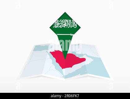Saudi Arabia is depicted on a folded paper map and pinned location marker with flag of Saudi Arabia. Folded vector map. Stock Vector