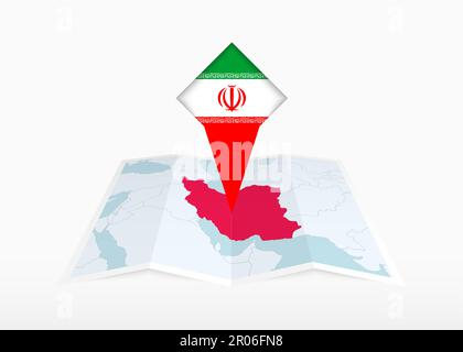 Iran is depicted on a folded paper map and pinned location marker with flag of Iran. Folded vector map. Stock Vector