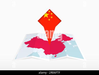 China is depicted on a folded paper map and pinned location marker with flag of China. Folded vector map. Stock Vector