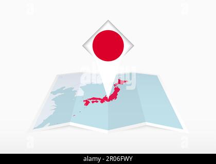 Japan is depicted on a folded paper map and pinned location marker with flag of Japan. Folded vector map. Stock Vector