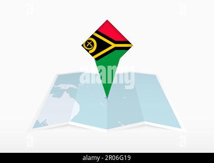 Vanuatu is depicted on a folded paper map and pinned location marker with flag of Vanuatu. Folded vector map. Stock Vector