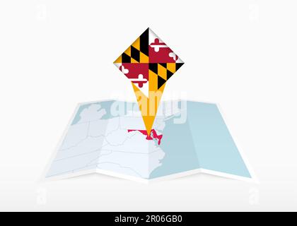 Maryland is depicted on a folded paper map and pinned location marker with flag of Maryland. Folded vector map. Stock Vector