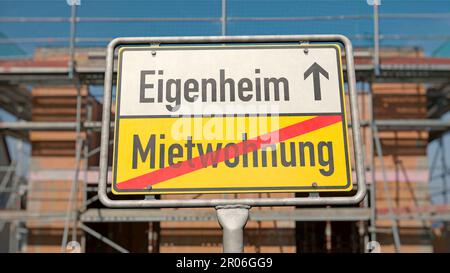 Build your own home instead of living in a rented apartment - Place-name sign with the German words 'Mietwohnung' (rented flat) and 'Eigenheim' (homes Stock Photo