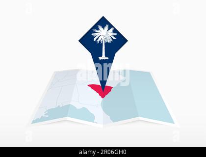 Map of South Carolina with a pinned blue pin. Pinned flag of South ...
