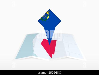 Nevada is depicted on a folded paper map and pinned location marker with flag of Nevada. Folded vector map. Stock Vector
