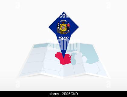 Wisconsin Map Pin Map of Wisconsin with a pinned blue pin. Pinned flag of Wisconsin ...